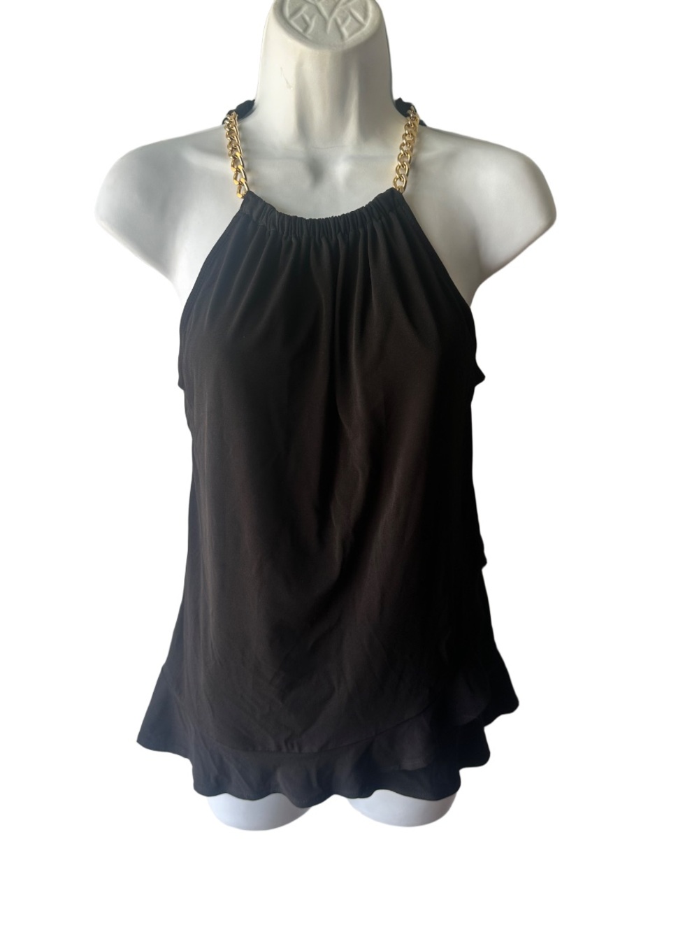 Michael Kors Black Halter Top Size S Gold Chain Link Neckline Sleeveless Luxe